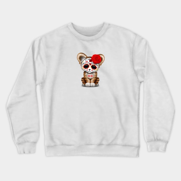 Red Day of the Dead Sugar Skull Tiger Cub Crewneck Sweatshirt by jeffbartels